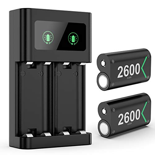 KINGTOP Cargador para mando de Xbox con cable de carga USB C y 2 baterías recargables de 2600 mAh para Xbox One, Xbox One S, Xbox One X y Xbox One Elite.