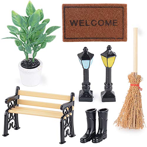 Kit de 7pcs Miniaturas 1/12 Accesorios Decoración Jardín Mueble - Planta, Banco del Parque, Alfombra, Luz de Calle * 2, Botas de Lluvia, Escoba Kit de 7pcs Miniaturas 1/12 Accesorios Decoración Jardín Mueble - Planta, Banco del Parque, Alfombra, Luz de Calle * 2, Botas de Lluvia, Escoba