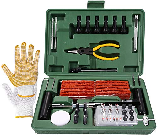 Kit de Reparación de Neumáticos, POPOMAN Reparación de Neumáticos 100pcs, con Mechas para llantas, Herramientas Automotrices Punción Multifunciona, Guantes Resistentes, Clavos de Reparación Rápida