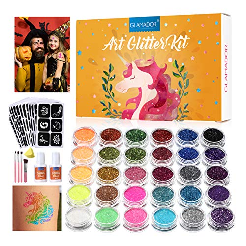 Kit de Tatuajes Temporales-GLAMADOR Brillo de Tatuaje 30 Colores, 145 Únicas Plantillas,4 Pinceles-Impermeable,No Tóxico para Cara y Cuerpo-Perfecto para Niños,Carnaval,Fiestas Cumpleaños,Eventos Kit de Tatuajes Temporales-GLAMADOR Brillo de Tatuaje 30 Colores, 145 Únicas Plantillas,4 Pinceles-Impermeable,No Tóxico para Cara y Cuerpo-Perfecto para Niños,Carnaval,Fiestas Cumpleaños,Eventos