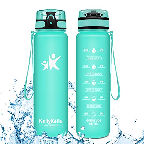 KollyKolla Botella Agua Sin BPA Deportes - 1L, Reutilizables Ecológica Tritan Plástico, Bebidas Botellas con Filtro & Marcador de Tiempo, para Gimnasio, Tapa Abatible de 1 Clic, Aguamarina Mate