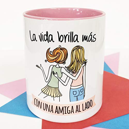 La Mente es Maravillosa - Taza con frase y dibujo, Regalo divertido (La vida brilla más con una Amiga al lado)