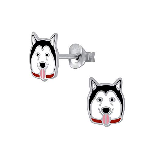 Laimons Pendientes infantiles para niñas, joyas para niños, perros, husky, trineo, negro y blanco, 7 mm, plata de ley 925