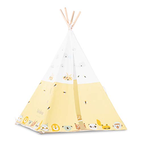 Lalaloom SAVANAH TIPI - Tipi para niños de tela (interior de algodón, juego de tienda, campaña infantil con dibujos de animales), 120x120x150 cm, color Amarillo/Blanco Lalaloom SAVANAH TIPI - Tipi para niños de tela (interior de algodón, juego de tienda, campaña infantil con dibujos de animales), 120x120x150 cm, color Amarillo/Blanco