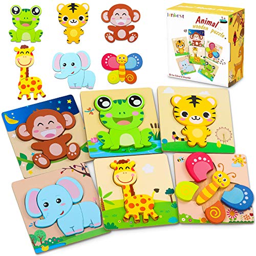 lenbest 6 Piezas 3D Rompecabezas de Madera Animales para Niños, Puzzle de Madera con Fondo Apilable Colorido, Juguetes Montessori de Madera, No Tóxicos, Regalo de Cumpleaños/Navidad para Bebés/ Niños