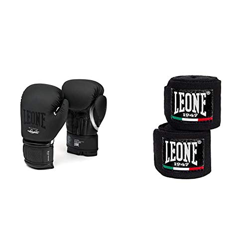 LEONE 1947 GN059 Guantes de Boxeo, Unisex – Adulto, Negro, 12OZ + 1947 AB705 - Vendas de Boxeo, Color Negro, tamaño 2,5m