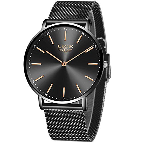 LIGE Relojes Hombre Moda Ultradelgado Simple Negro Relojes Hombre Impermeable Automático Fecha Cuarzo Negocios Vestido Relojes