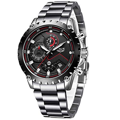 LIGE Relojes Hombres Plata Negro Impermeable Acero Inoxidable Moda Cuarzo analógico Reloj para Hombre Deporte Cronógrafo Casual Calendario Fecha Vestido Reloj de Pulsera