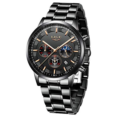 LIGE Relojes para Hombre Moda Acero Inoxidable Deportivo Analógico Reloj Cronógrafo Impermeable Negocios Reloj de Pulsera (Black Black)