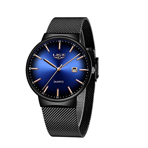 LIGE Relojes para Hombre Reloj de Cuarzo analógico Ultrafino de Moda Simple Reloj de Pulsera Impermeable de Acero Inoxidable Negro Reloj Minimalista con Fecha Azul