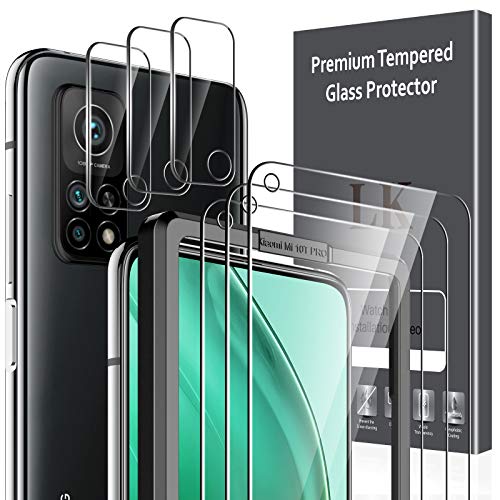 LK 6 Pack Protector de Pantalla Compatible con Xiaomi Mi 10T 5G/10T Pro 5G,Contiene 3 Pack Cristal Vidrio Templado y 3 Pack Protector de Lente de cámara, Doble protección,Marco de Posicionamiento