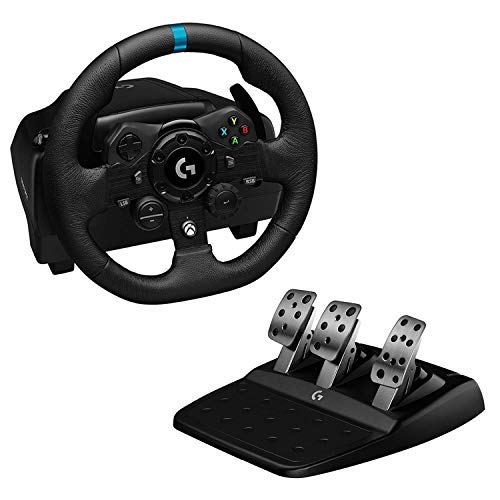 Logitech G923 TRUEFORCE Volante de Carreras y Pedales hasta 1000Hz Force Feedback, Pedal personalizable, Embrague Doble, Volante cubierto de Cuero Auténtico para Xbox Series X|S, Xbox One, PC, Negro