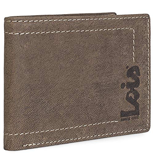 Lois - Cartera Hombre Piel pequeña con protección RFID y Billetera de Cuero Genuino, Tarjetas documentación Billetes dni carnet. Caja para Estilo rústico. 201507, Color Marron