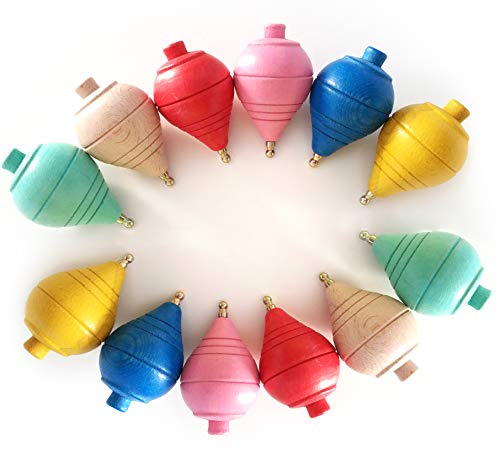 Lote de 12 Peonzas de Madera clásicas de colores - Regalos y Detalles para Comuniones, piñatas, Niños, Niñas, Fiestas de Cumpleaños