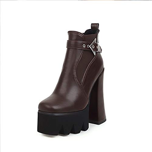 LQLD Botines De Tacón para Mujer Botas De Punta Redonda con Hebilla De Cinturón, Plataforma Impermeable, Cuero, Tela Elástica, Costura, Botas Martin Aumentar Tamaño,Marrón,41