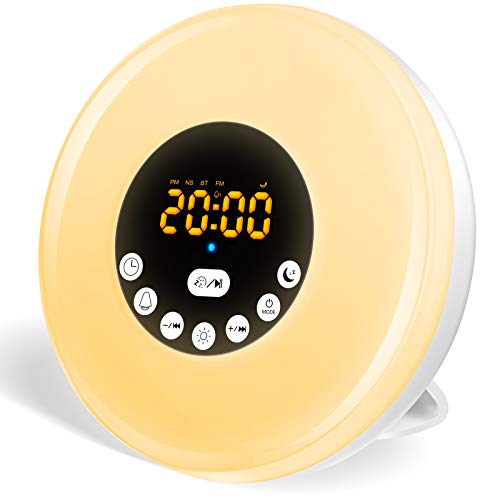 Luz Despertador, Wake Up Light con Simulación de Amanecer y Anochecer, Alarmas, 7 Luces de Colores, 12 Sonidos Naturales, Radio FM, USB Recargable Luz de Mesa de Nocturna LED para Familia