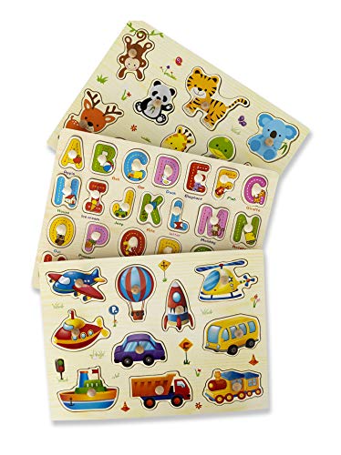 MABY - Juego de 3 Rompecabezas Puzzle de Madera, Alfabeto, vehiculos y Animales. Educativos y Divertidos para Niños. motricidad Fina Montessori Aprendizaje Preescolar Colores Vibrantes (1)