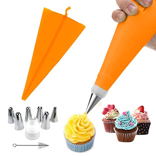 Manga Pastelera de silicona y 6 x boquillas de pastelería de acero inoxidable, juego de decoración de pasteles para manualidades (6 boquillas + 1 manga naranja) Manga Pastelera de silicona y 6 x boquillas de pastelería de acero inoxidable, juego de decoración de pasteles para manualidades (6 boquillas + 1 manga naranja)