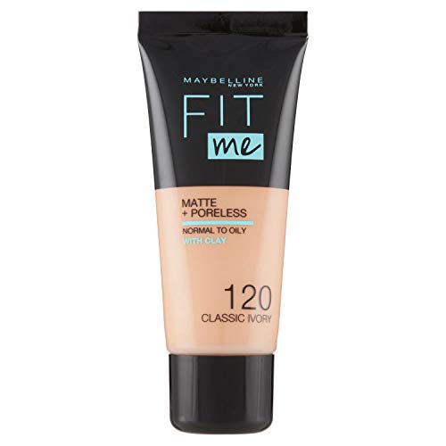 Maybelline New York, Base de Maquillaje que Calca a tu Tono Fit me! Mate y Afinaporos, Color: 120 Classic Ivory Maybelline New York, Base de Maquillaje que Calca a tu Tono Fit me! Mate y Afinaporos, Color: 120 Classic Ivory