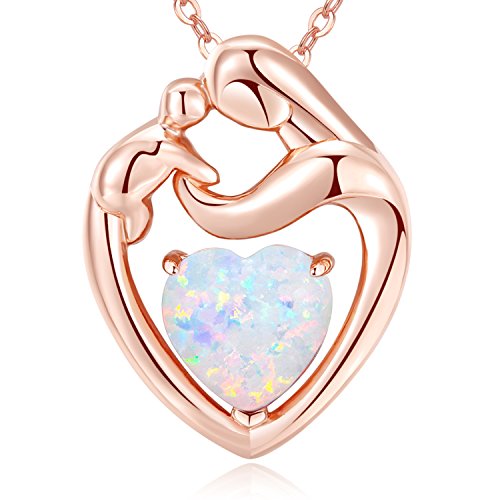 MEGACHIC Collar para Mujer Madre Niño Oro Rosa con Corazón Opalo MEGACHIC Collar para Mujer Madre Niño Oro Rosa con Corazón Opalo