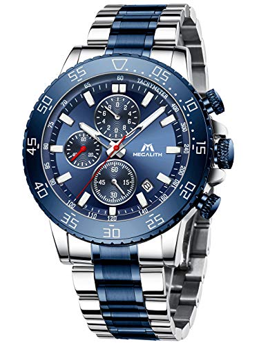 MEGALITH Relojes Hombre Reloj Cronografo Grande Elegante Azul Acero Inoxidable Impermeable Relojes de Pulsera Deportivos Analogicos Luminosos Fecha MEGALITH Relojes Hombre Reloj Cronografo Grande Elegante Azul Acero Inoxidable Impermeable Relojes de Pulsera Deportivos Analogicos Luminosos Fecha