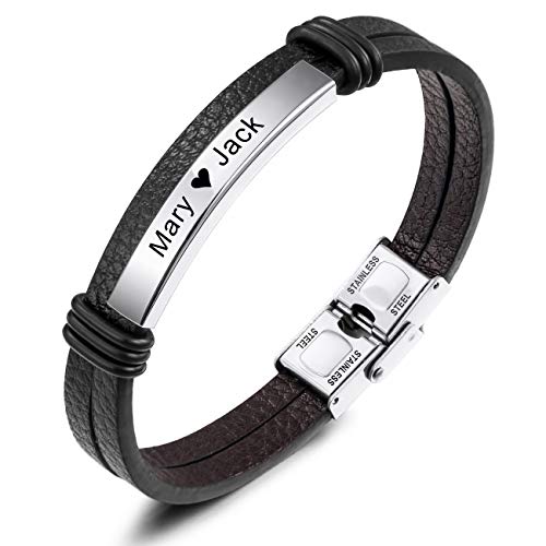 MeMeDIY Pulsera con Nombre Pulseras Personalizadas para Mujeres Pulseras Personalizadas para Niños Hombres Niñas Acero Inoxidable Grabado de Cuero Genuino Brazalete Trenzado (Plata Tono Etiqueta)