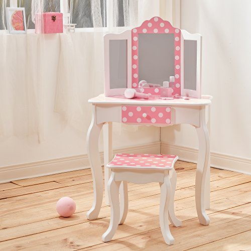 Mesa de tocador rosa de madera con espejo y banqueta de Teamson Kids TD-11670F Mesa de tocador rosa de madera con espejo y banqueta de Teamson Kids TD-11670F