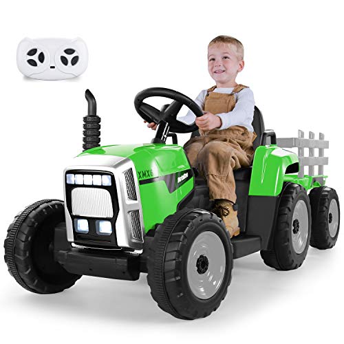 METAKOO Tractor Eléctrico 12V 7Ah 2+1 Cambio de Marchas, Tractor Juguete de Montar con Faro de 7 LED, Botón de Bocina/Reproductor MP3/ Bluetooth/Puerto USB/Control Remoto para Niño 3-6 años (Verde)