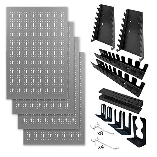 METALLMOBELL HPTH-001 Panel de Herramientas de 160*60*2Cm, Kit de 4 Paneles Perforados Metalicos 40x60x2Cm + Kit de Ordenar Herramientas 22Piezas (Pegboard) . Organizador portaherramientas multiusos