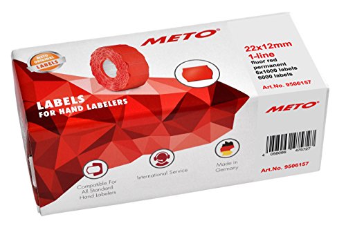 Meto Etiquetas para etiquetadoras manuales 9506157 (22 x 12 mm, 1 línea, 6000 unidades, adherencia permanente, para Meto, Contact, Sato, Avery, Tovel, Samark, etc.) 6 rollos, rojo fluorescente