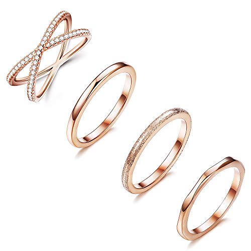 Milacolato 4 Piezas de Acero Inoxidable Apilamiento Anillos de Bodas Mujer CZ Criss Cross Anillo de Compromiso Chica Eternidad Knuckle Mid Ring Set Plata/Oro Rosa