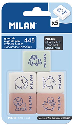 Milan BMM9222 - Pack de 5 gomas de borrar de caucho sintètico flexible, modelo de figurinas surtido Milan BMM9222 - Pack de 5 gomas de borrar de caucho sintètico flexible, modelo de figurinas surtido