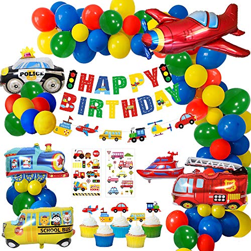 MMTX Globos Cumpleaños de Niños, Cumpleaños Decoraciones Transporte Tema Avión Tren Coche de policía Autobús Escolar Yate Camión de Bomberos Primeros de la Torta para Niño Cumpleaños Baby Shower