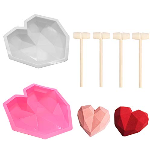 Moldes de silicona 3D con forma de corazón y corazón para hornear moldes de silicona para mousse, chocolate, brownie, cheesecake, fondant con 4 piezas mini martillo de madera Moldes de silicona 3D con forma de corazón y corazón para hornear moldes de silicona para mousse, chocolate, brownie, cheesecake, fondant con 4 piezas mini martillo de madera