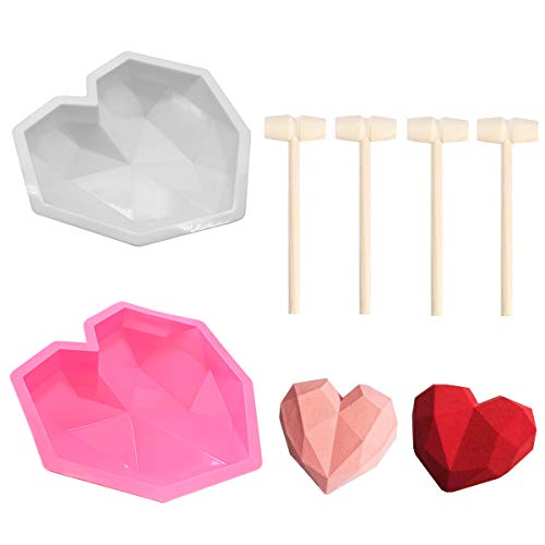 Moldes de silicona 3D con forma de corazón y corazón para hornear moldes de silicona para mousse, chocolate, brownie, cheesecake, fondant con 4 piezas mini martillo de madera