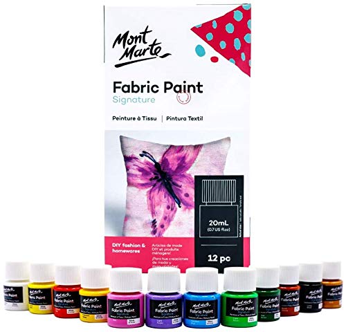 Mont Marte Pintura para Tela – 12 piezas x 20ml – Pintura Textil – Colores ideal para Ropa, Bolsos y todas las Telas