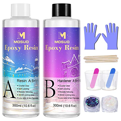 MOSUO Resina Epoxi Ultra Transparente 629 g/600 ml, Proporción 1:1 para Bricolaje, Madera, Artesanía, Joyería, Suelos, Obras de Arte, Modelado, Mesas Creaciones Artísticas, Revestimientos Protectores