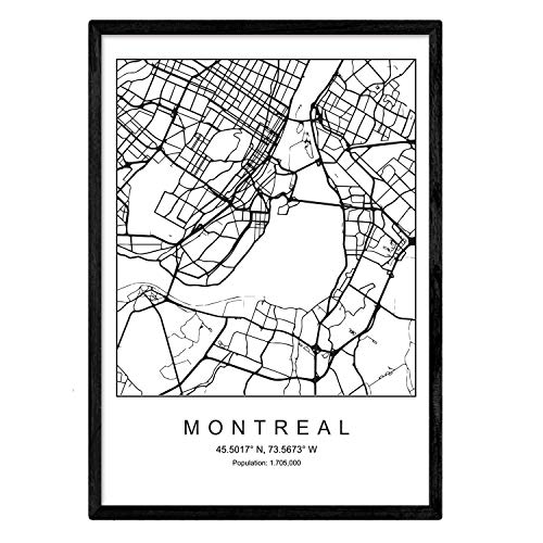 Nacnic Lámina Mapa de la Ciudad Montreal Estilo nordico en Blanco y Negro. Poster tamaño A3 Sin Marco Impreso Papel 250 gr. Cuadros, láminas y Posters para Salon y Dormitorio