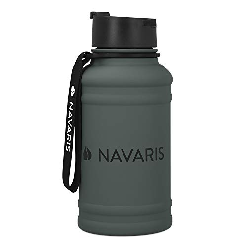 Navaris Botella de Agua de Acero Inoxidable - Cantimplora de Metal de 1.3 L - Garrafa para Bebidas sin BPA para Deporte Camping Gimnasio Yoga - Gris