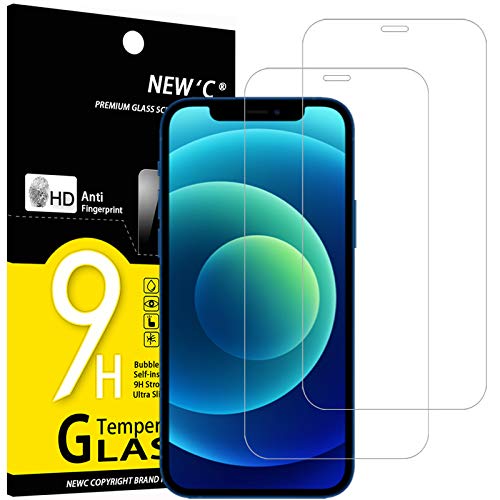 NEW'C 2 Unidades, Protector de Pantalla para iPhone 12/12 Pro (6.1"), Antiarañazos, Antihuellas, Sin Burbujas, Dureza 9H, 0.33 mm Ultra Transparente, Vidrio Templado Ultra Resistente