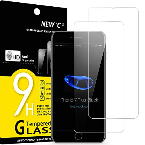 NEW'C 2 Unidades, Protector de Pantalla para iPhone 7 Plus y iPhone 8 Plus, Antiarañazos, Antihuellas, Sin Burbujas, Dureza 9H, 0.33 mm Ultra Transparente, Vidrio Templado Ultra Resistente