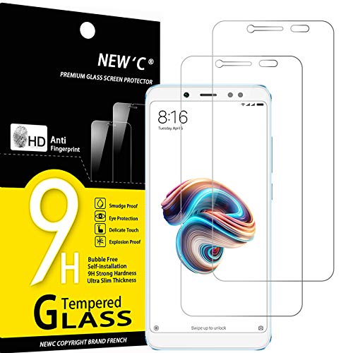 NEW'C 2 Unidades, Protector de Pantalla para Xiaomi Redmi Note 5, Antiarañazos, Antihuellas, Sin Burbujas, Dureza 9H, 0.33 mm Ultra Transparente, Vidrio Templado Ultra Resistente