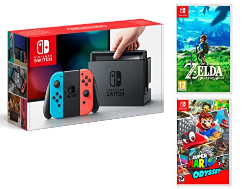 Nintendo Switch Consola 32Gb Azul/Rojo Neón + Super Mario Odyssey + Zelda: Breath of The Wild - MEGAPACK