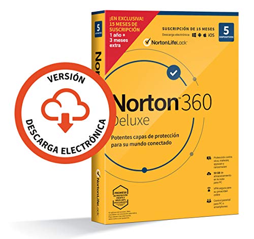 Norton 360 Deluxe 2021 - 5 Dispositivos, 15 Meses, para PC/Mac, Código de activación enviado por email