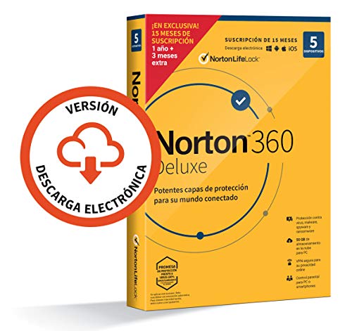 Norton 360 Deluxe 2021 - 5 Dispositivos, 15 Meses, para PC/Mac, Código de activación enviado por email Norton 360 Deluxe 2021 - 5 Dispositivos, 15 Meses, para PC/Mac, Código de activación enviado por email