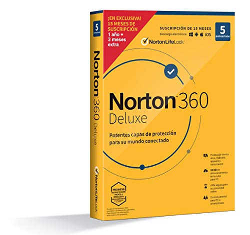 Norton 360 Deluxe 2021 - Antivirus software para 5 Dispositivos y 15 meses de suscripción, Secure VPN y Gestor de contraseñas, para PC, Mac tableta y smartphone