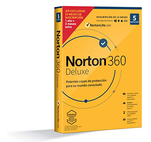 Norton 360 Deluxe 2021 - Antivirus software para 5 Dispositivos y 15 meses de suscripción, Secure VPN y Gestor de contraseñas, para PC, Mac tableta y smartphone Norton 360 Deluxe 2021 - Antivirus software para 5 Dispositivos y 15 meses de suscripción, Secure VPN y Gestor de contraseñas, para PC, Mac tableta y smartphone