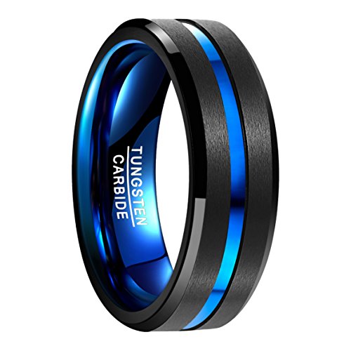 NUNCAD Anillo Hombre Mujere Unisexo Tungsteno Exterior Negro + Azul 8 mm Anillo Simple para Boda Compromiso Talla (15)