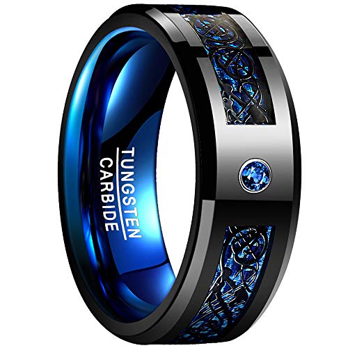 NUNCAD Anillo Mujer Hombre Unisex de Tungsteno con Zirconia Azul y Fibra de Carbono Dragón Celta Negro + Azul 8mm para Boda Celebración del Matrimonio Compañero Talla 57 (18,1 mm)