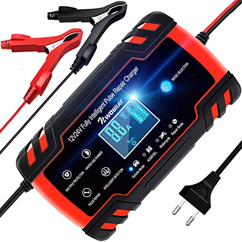 NWOUIIAY Cargador Batería Coche Moto Carga Inteligente 12V/24V 8A con LCD Pantalla Digital para Baterías de AGM Gel SLA Wet Calcio Rojo&Negro